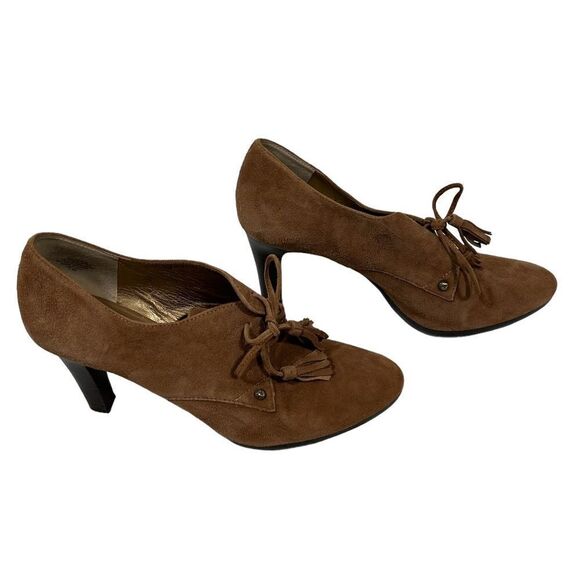 Anne Klein Light Brown Suede Leather zipper Lace Up Ankle Booties With Heels - Picture 3 of 12